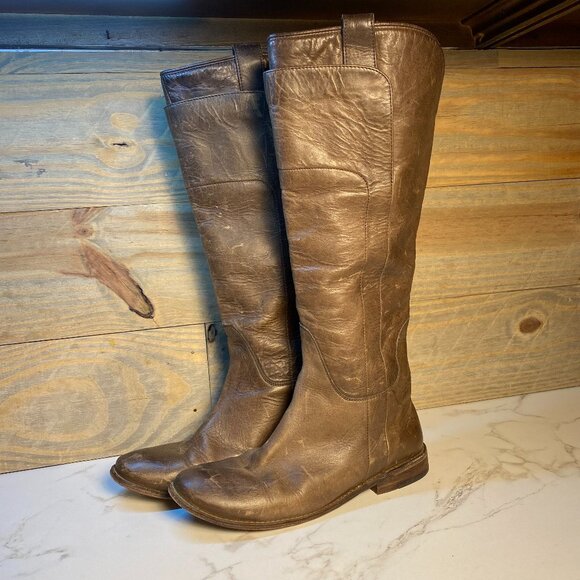 Frye Paige Tall Brown Leather Pull On Distressed Riding Boots Flats Size 7.5B - Picture 1 of 14